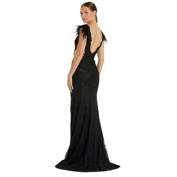 Mac Duggal Dress 67782 Black Feather Trim Floral Cutout Lace Gown Size 8 $698 - Picture 3 of 7